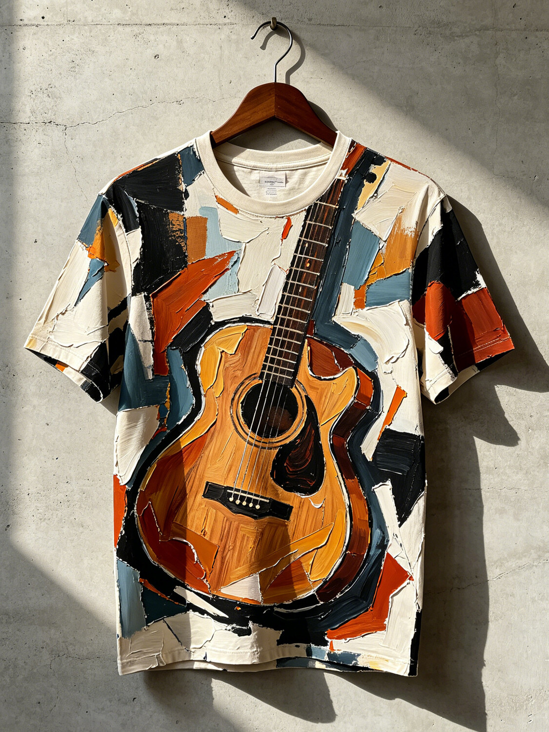 Men's Impasto Style Acoustic Guitar Geometric Textured Brushstroke Music Print T-Shirt