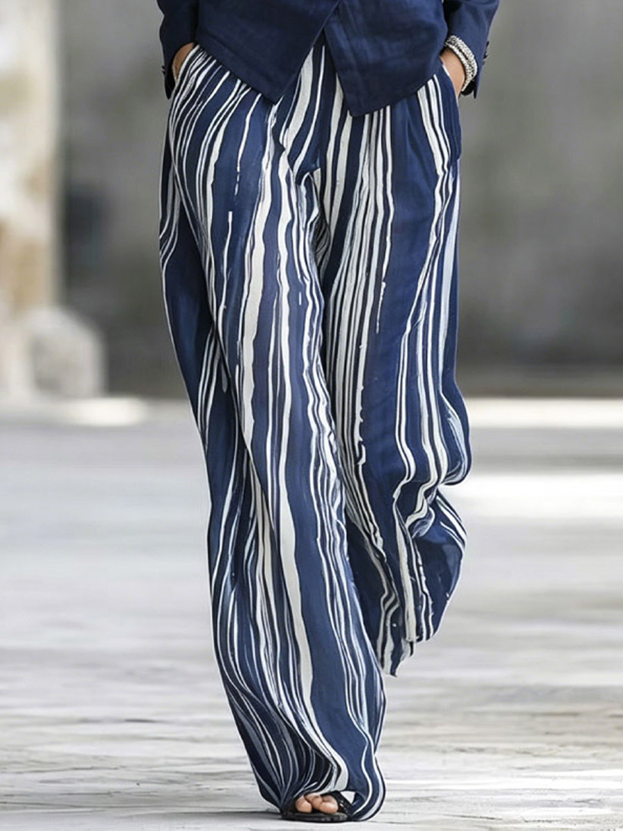 Women's Art Comfortable Casual Long Sleeve Top And Striped Pants Two-piece Set