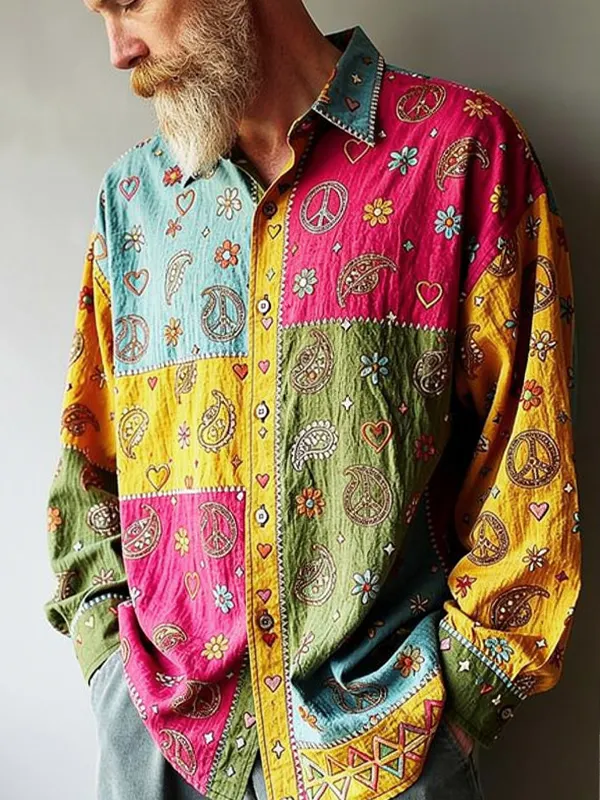 Men's Paisley Peace Symbol Hippie Style Art Print Long Sleeve Shirt