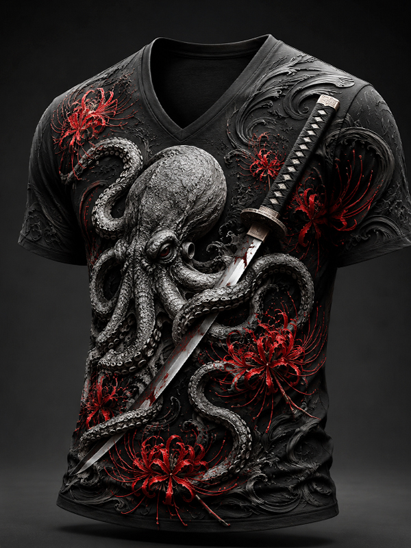 Men's Octopus Katana Red Spider Lily Japanese Art Print Casual V Neck T-Shirt