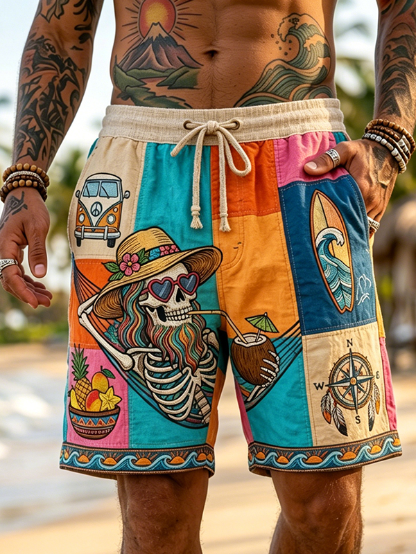 Men's Relaxed Hippie-Style Skull Color Block Art Print Casual Shorts