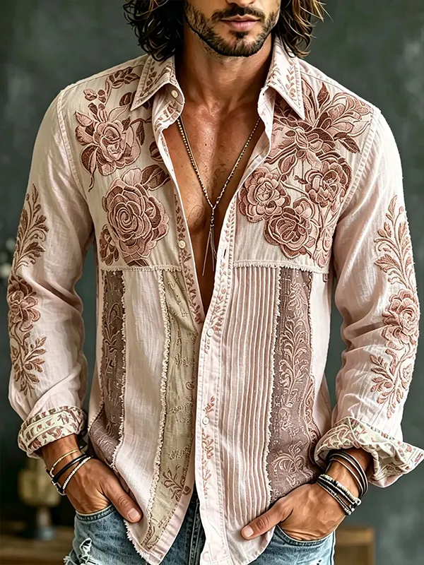 Men's Vintage Boho Roses Art Print Long Sleeve Shirt