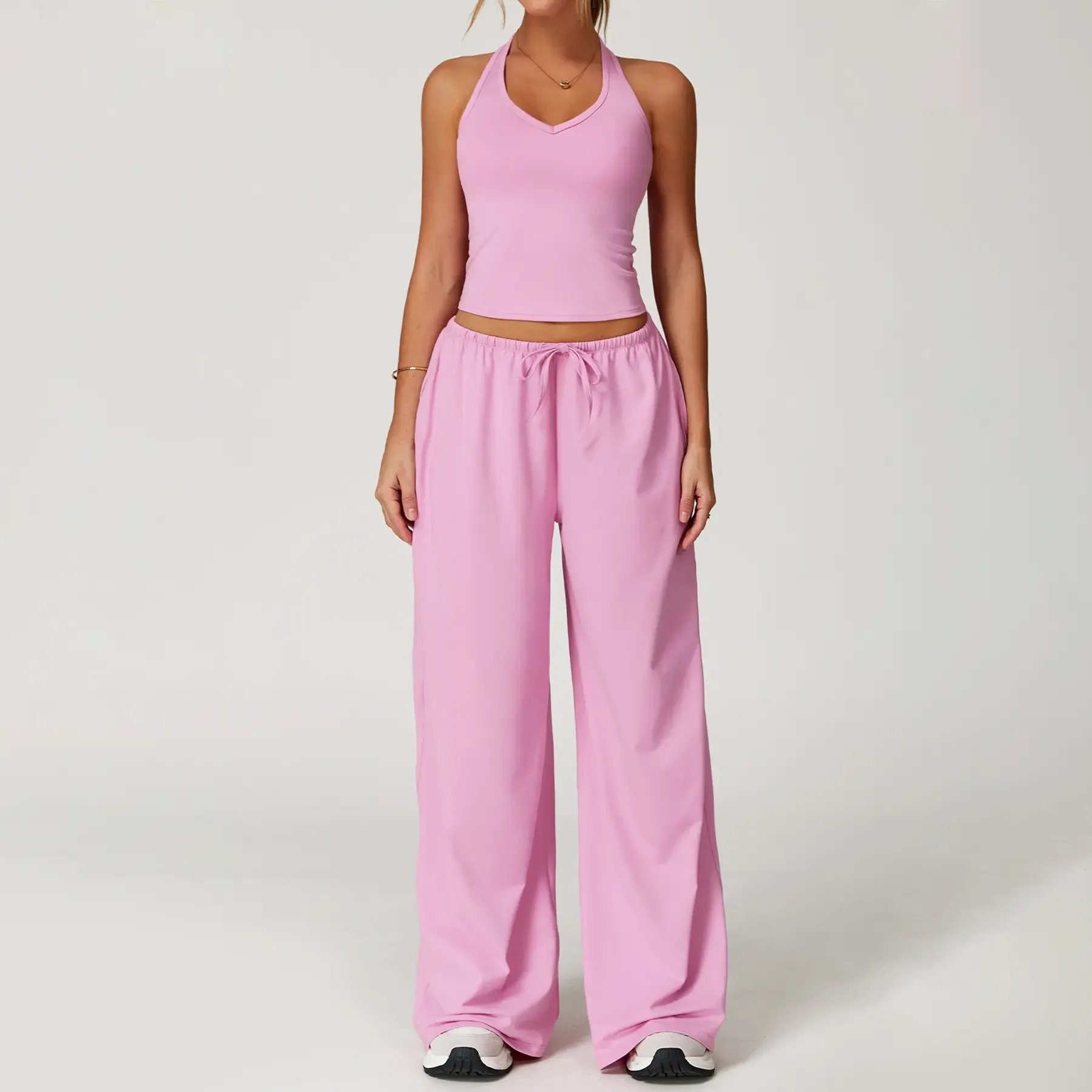 💖Hot 50% OFF✨ Women’s 2-Piece Silk-Like Lounge Set – V-Neck Strappy Top & Wide Leg Pants
