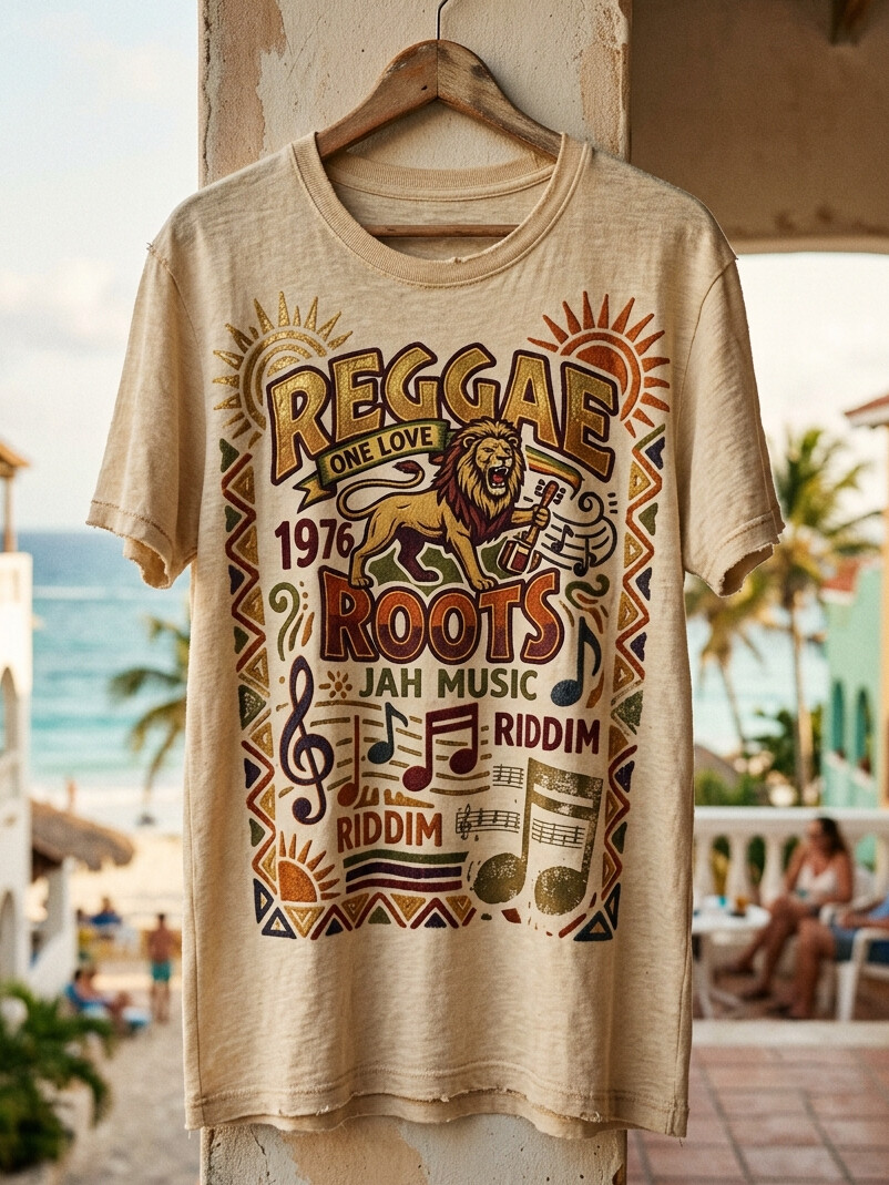 Men's Reggae Roots Jah Music Vintage Lion Print Cotton Casual T-Shirt