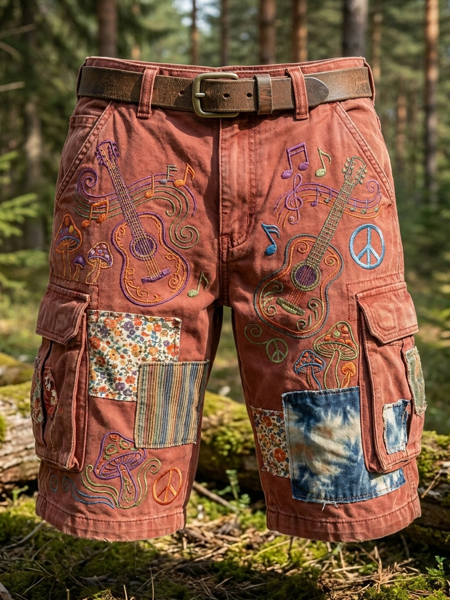 Men's Mushroom Guitar And Peace Sign Patchwork Print Casual Shorts