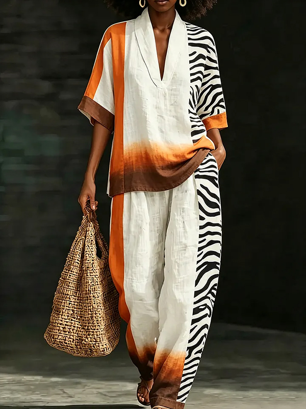 Women's Zebra Pattern Geometric Art Print Deep V Neck Half Sleeve T-Shirt Pants Matching Set
