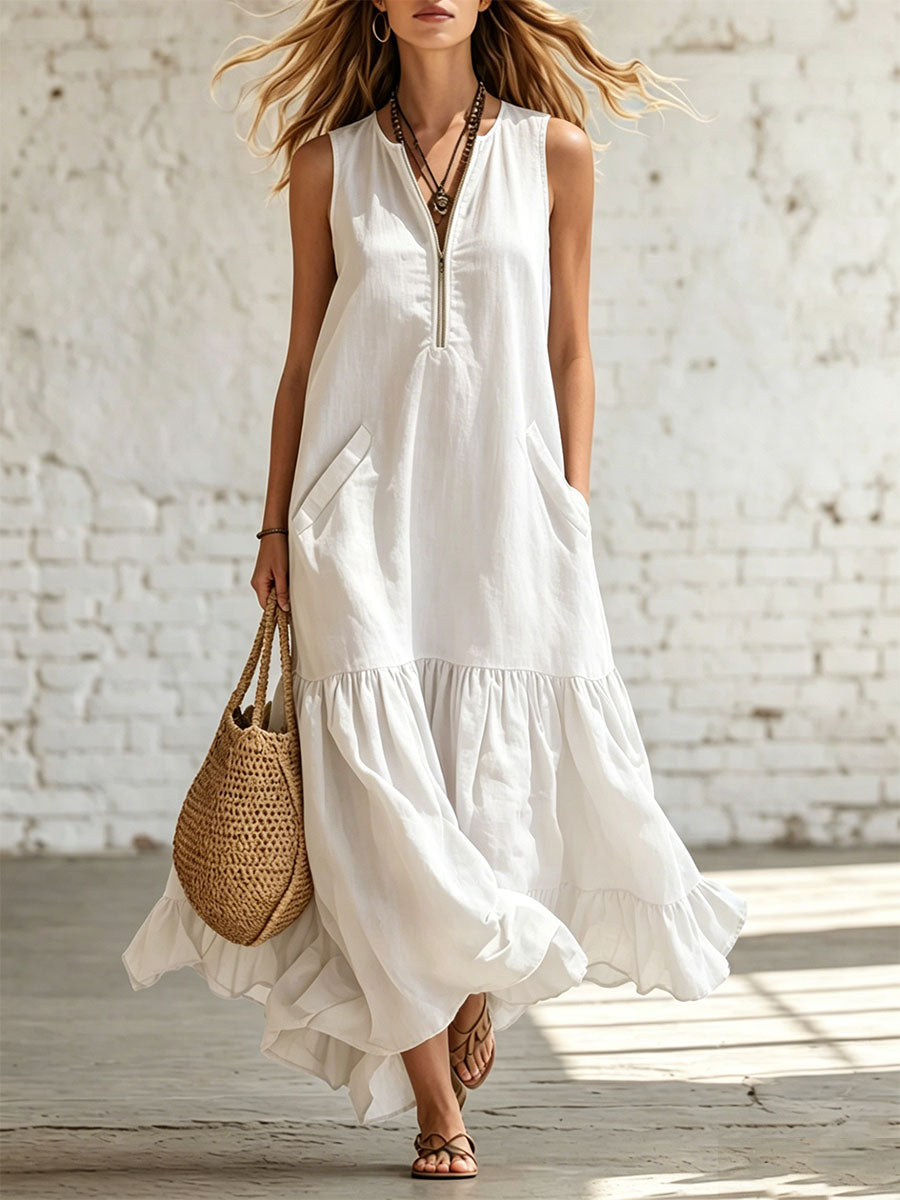 Women's Solid-color Ruffled Sleeveless Dress