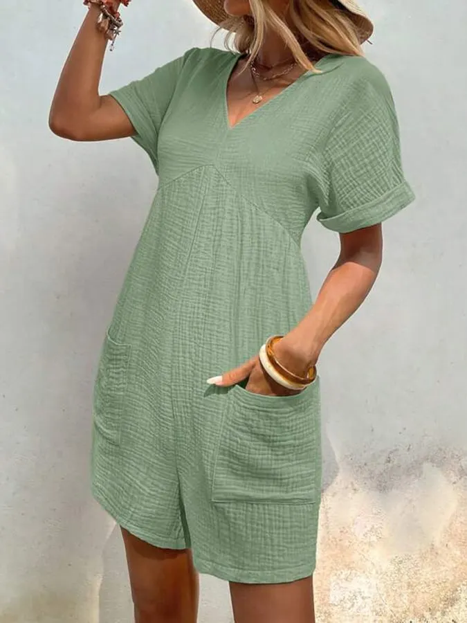 Women's Fashion Solid Color V Neck Loose Bat Sleeve Pocket Zipper Short Sleeve Jumpsuit
