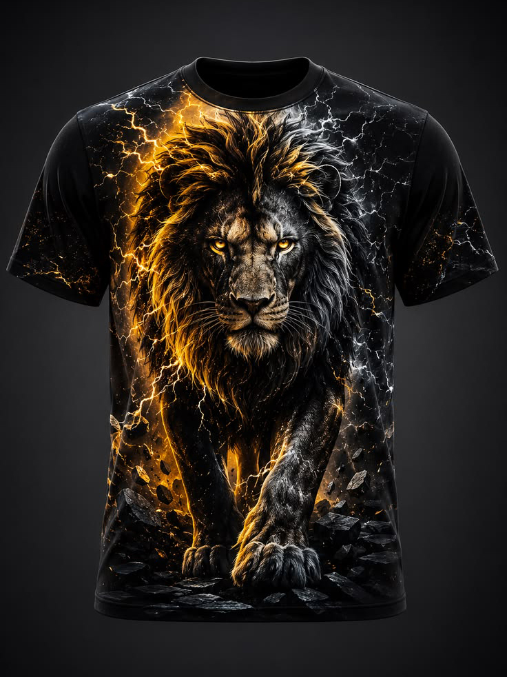 Men's Lion Lightning Art Print T-Shirt