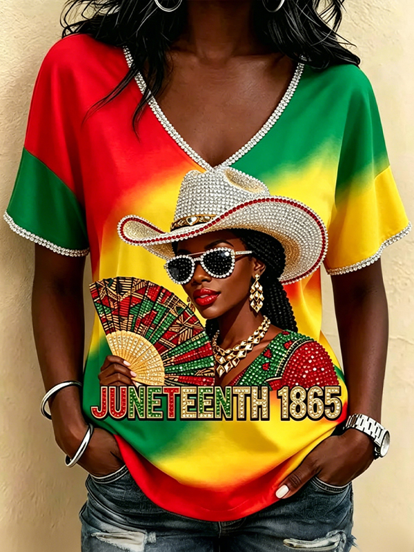 Women's Juneteenth 1865 Black Cowgirl Art Print V Neck Short Sleeve T-Shirt