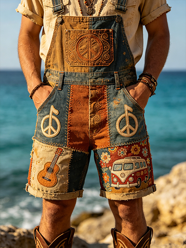 Men's Colorblock Peace Sign Flowers Bus Hippie Art Print Shorts Overalls