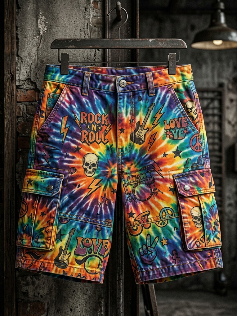 Men's Hippie Tie‑Dye Rock And Roll Skull Guitar Peace Sign Art Print Casual Shorts