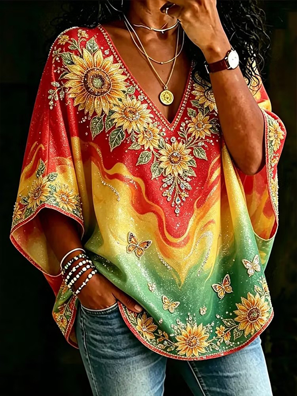 Women's Sunflower Butterfly Colorblock Gradient Print Casual V Neck T-Shirt