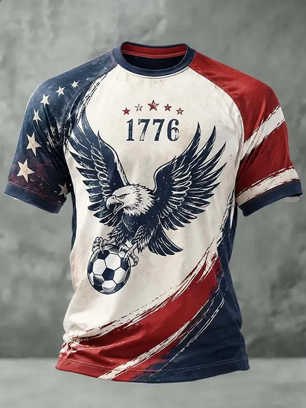 Men's American Bald Eagle And Soccer Art Print T-Shirt