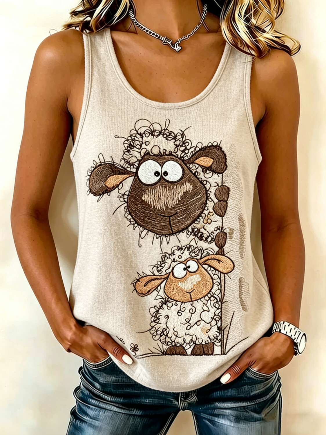 Women's Cute Two Sheep Art Print Casual Tank Top