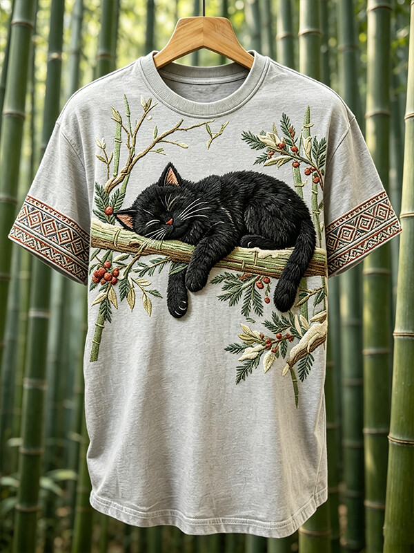 Men's Retro Geometric Pattern Bamboo Black Cat And Berry Print Casual T-Shirt