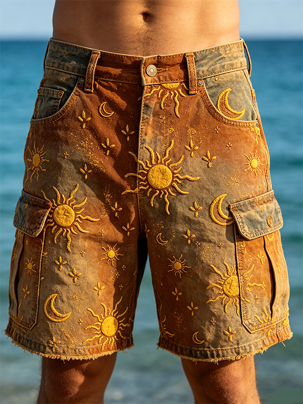 Men's Sun Moon Star Tie-Dye Art Print Casual Shorts