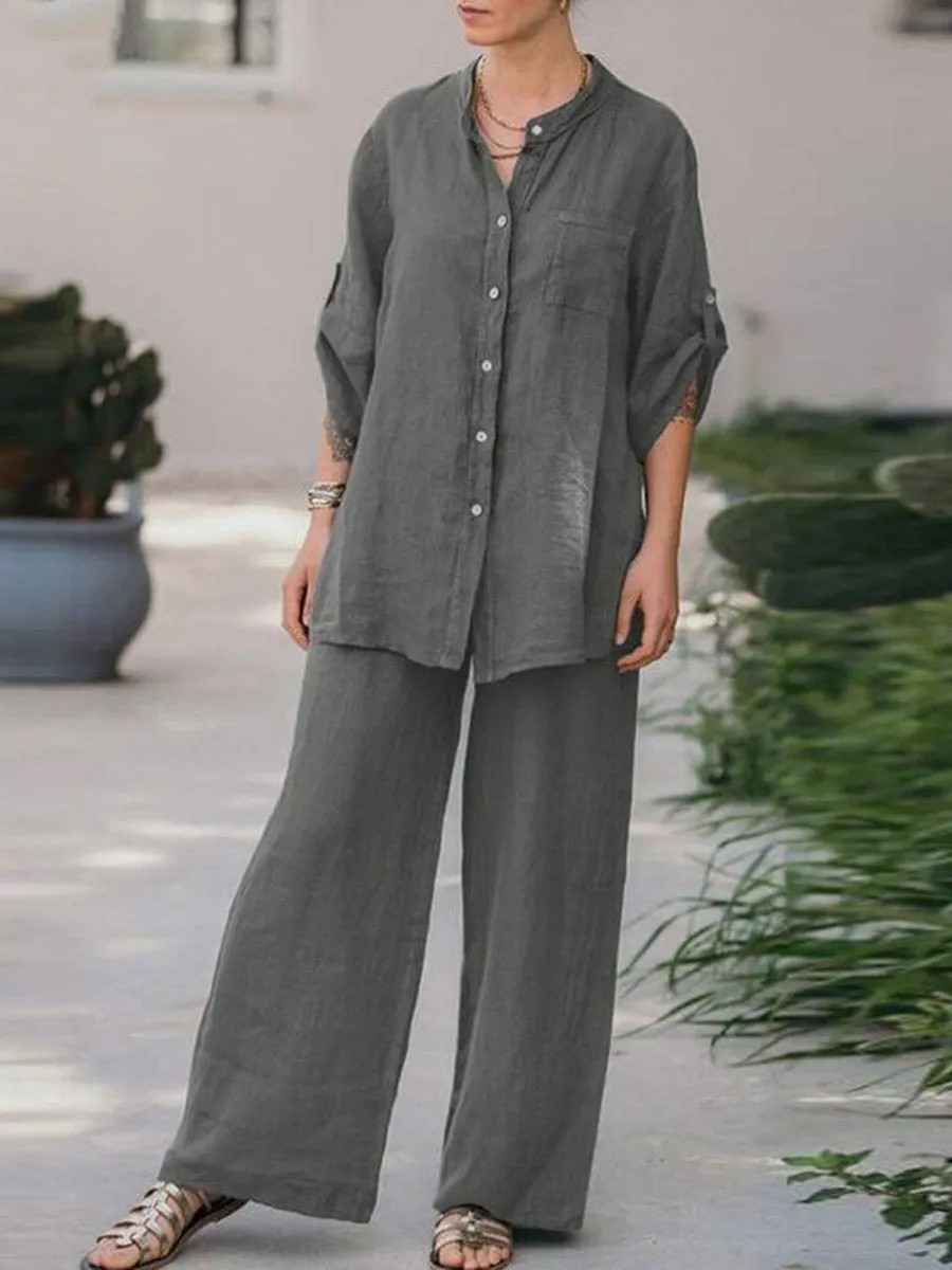 Women's Spring Solid Color Long- Sleeve Shirt and Pants Two Piece Set