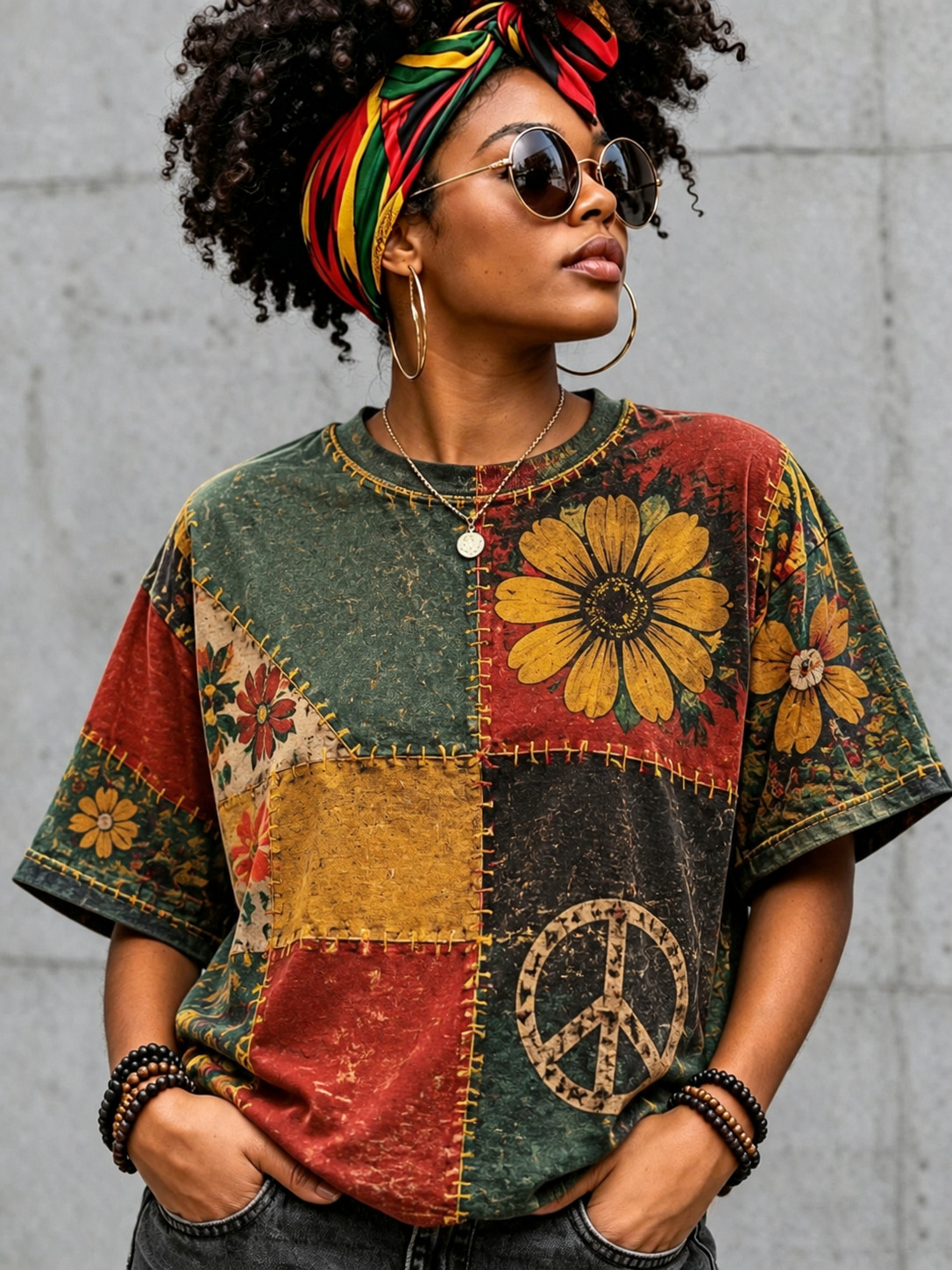 Women's Boho Peace Floral Patchwork Art Print Casual T-Shirt