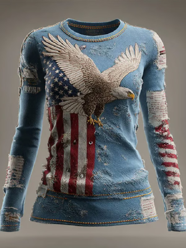 Women's Distressed American Flag Bald Eagle Print Long Sleeve T-Shirt