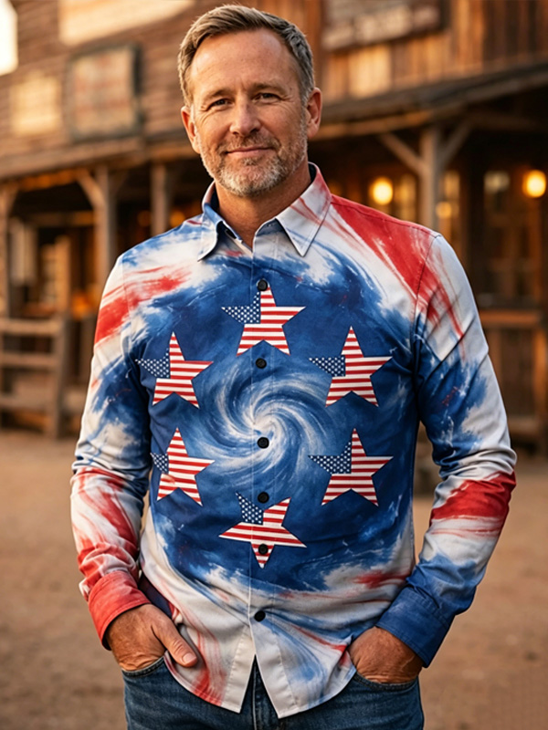 Men's Swirl Star USA Flag Tie‑Dye Art Print Long Sleeve Shirt