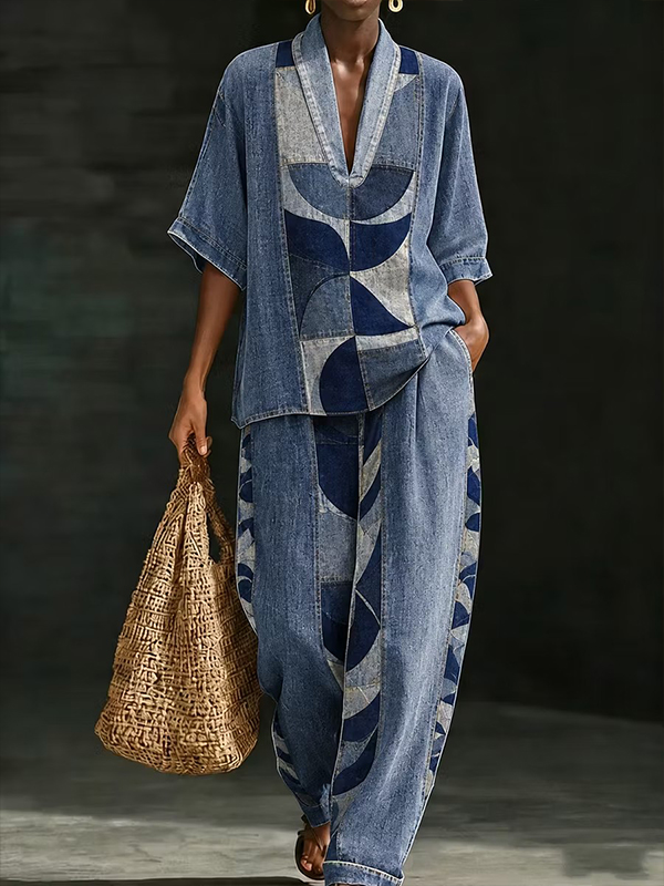 Women's Patchwork Geometric Print Deep V Neck Half Sleeve T-Shirt Wide Leg Pants Matching Set