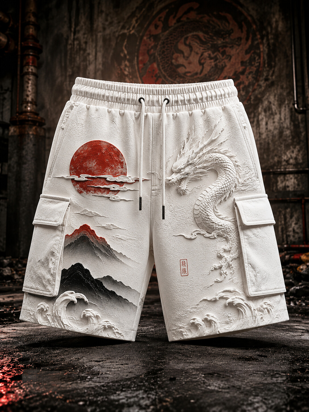 Men's Dragon With Red Sun & Mountain Waves Print Drawstring Waist Shorts