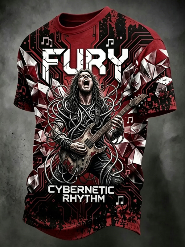 Men's Cybernetic Rhythm Rock Guitarist Art Print T-Shirt