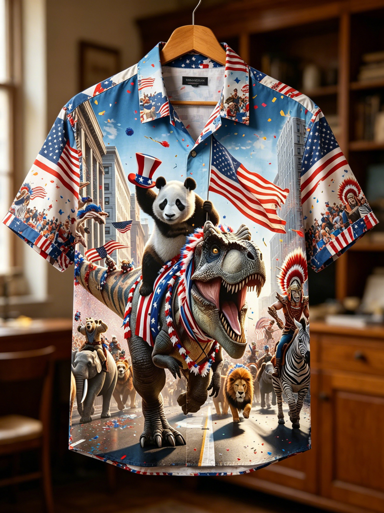 Men's 4th Of July Dinosaur Panda Animal Parade Art Print Shirt