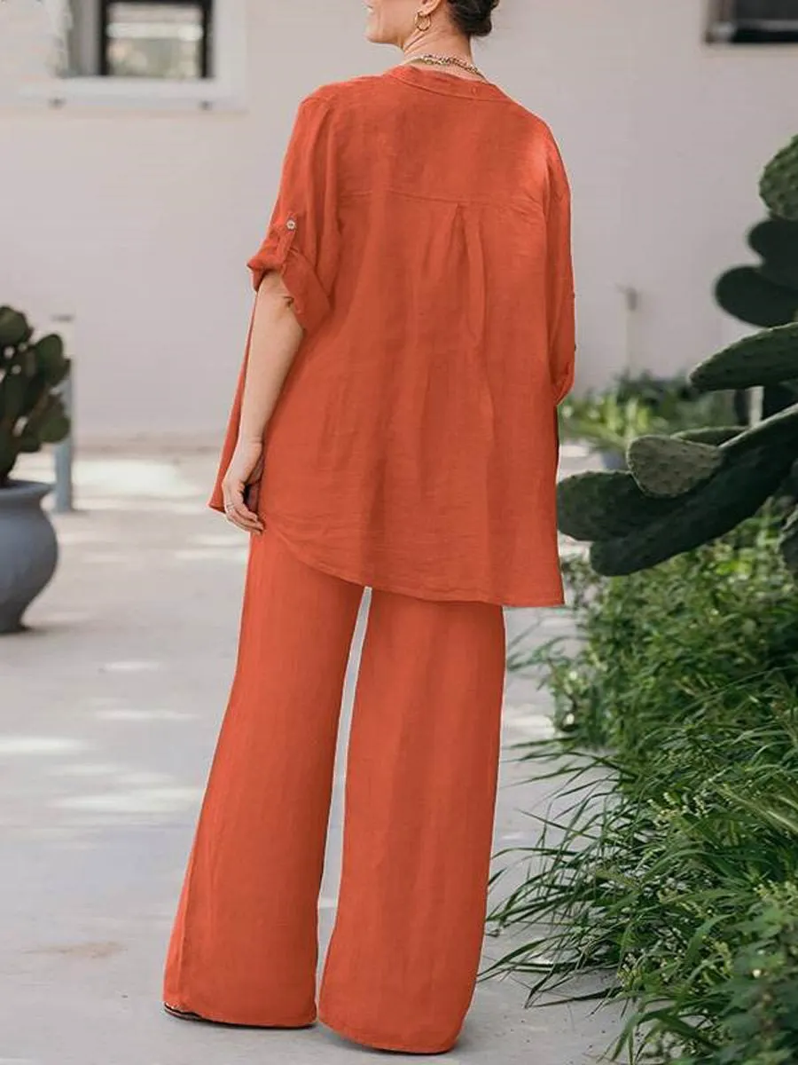 Women's Spring Solid Color Long- Sleeve Shirt and Pants Two Piece Set