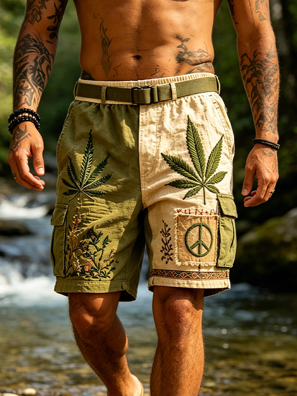 Men's Leaves Hippie Peace Sign Print Cargo Shorts