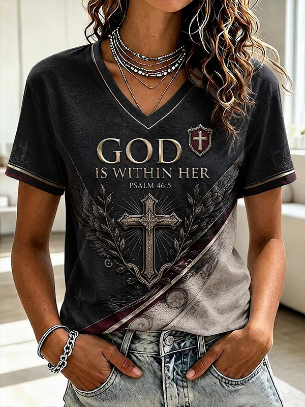 Women's God in Her Cross Graphic Print Casual V Neck T-Shirt