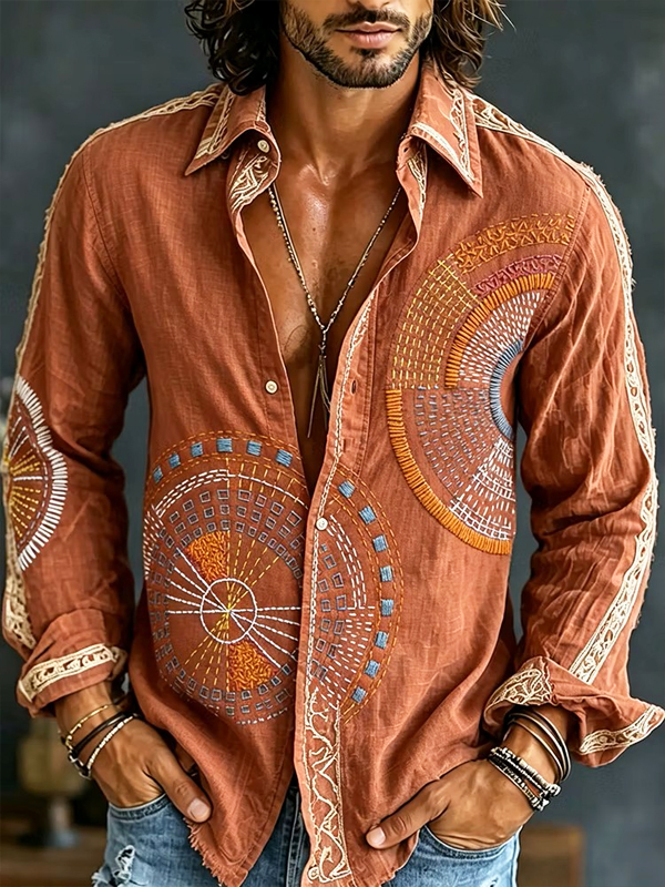 Men's Ethnic Style Geometric Print Long Sleeve Shirt