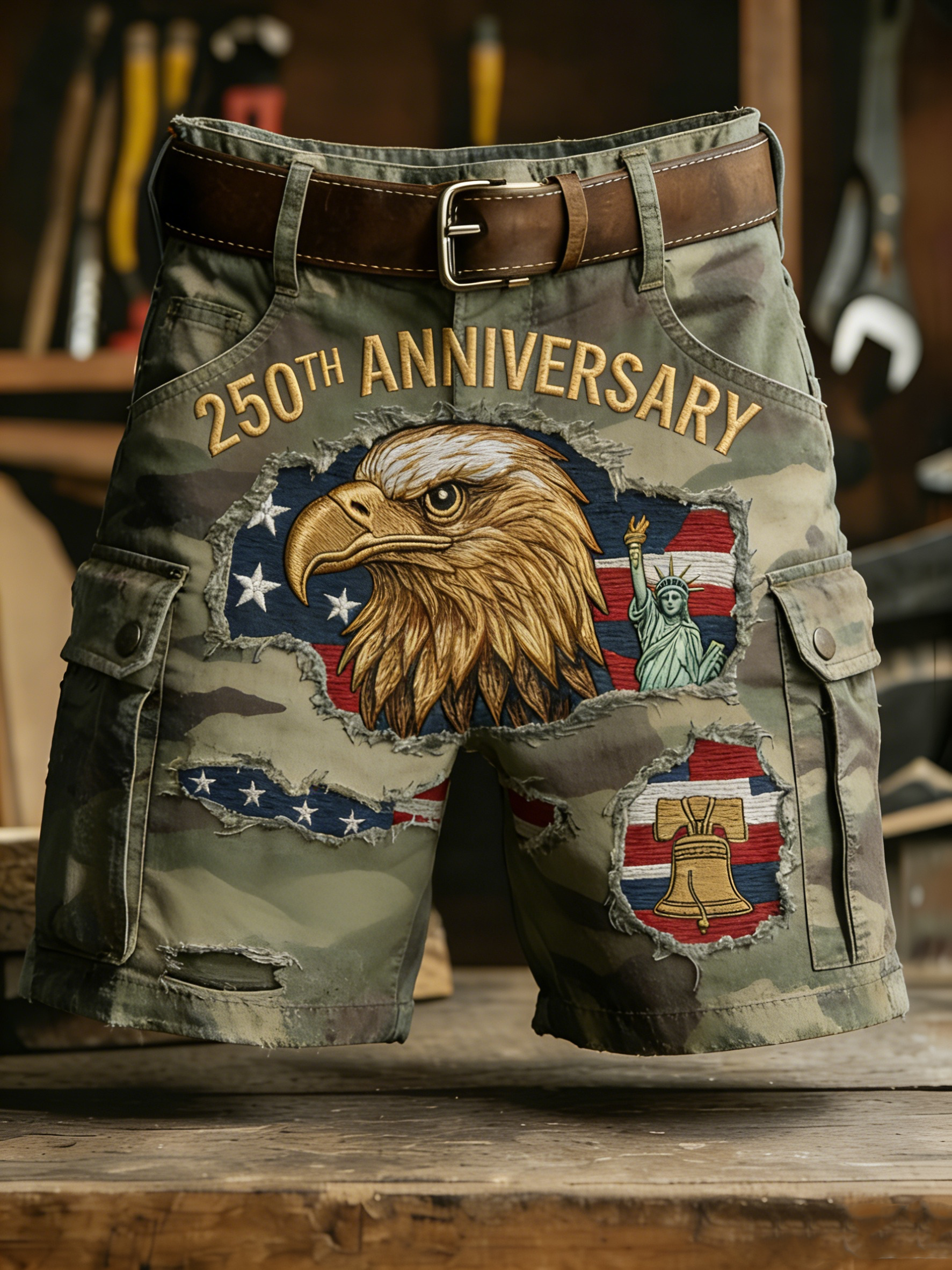 Men's American Flag - Anniversary Camo Print Denim-Like Cargo Shorts