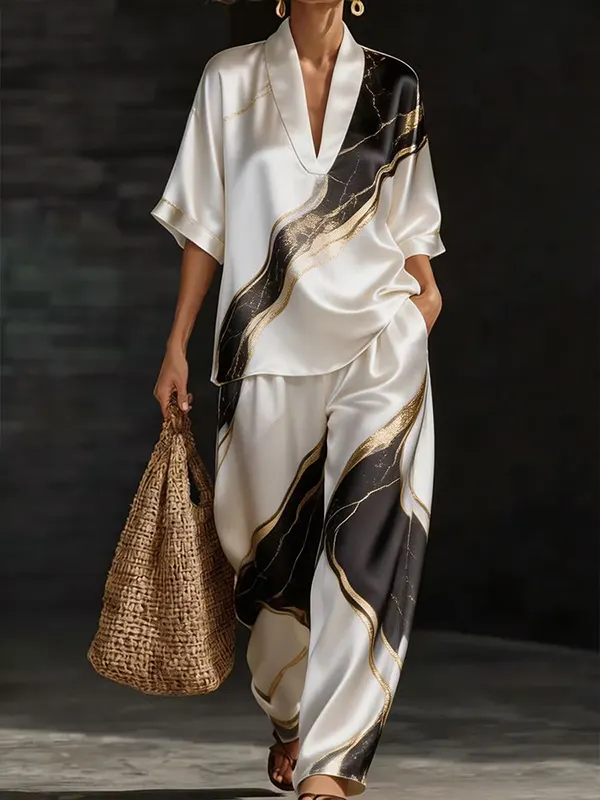 Women's Abstract Marble Print Deep V Neck Half Sleeve T-Shirt Pants Matching Set