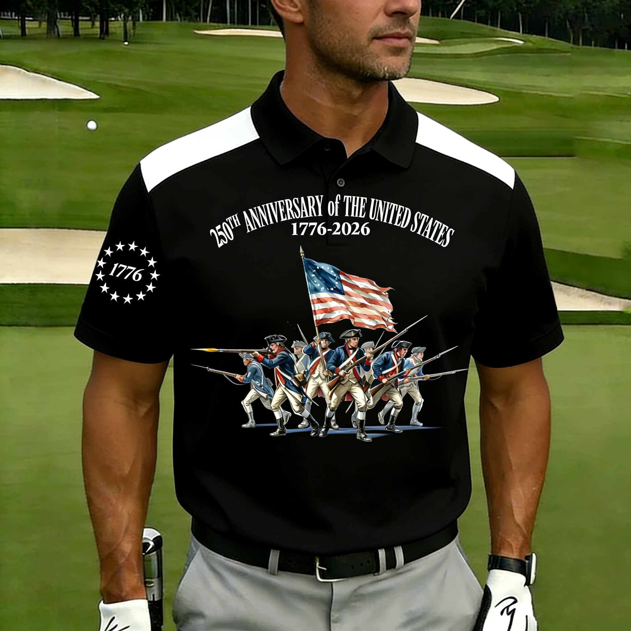 Men's 250th Anniversary US Revolutionary Soldier Polo Shirt | Patriotic Short Sleeve Golf Tee