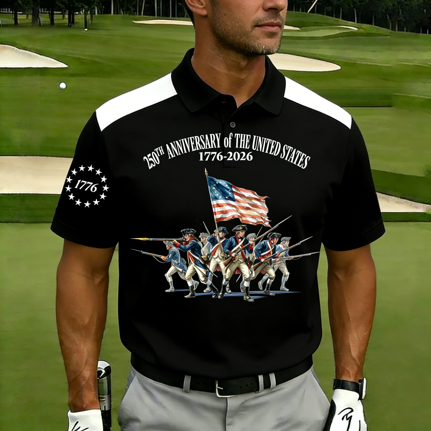 Men's 250th Anniversary US Revolutionary Soldier Polo Shirt | Patriotic Short Sleeve Golf Tee