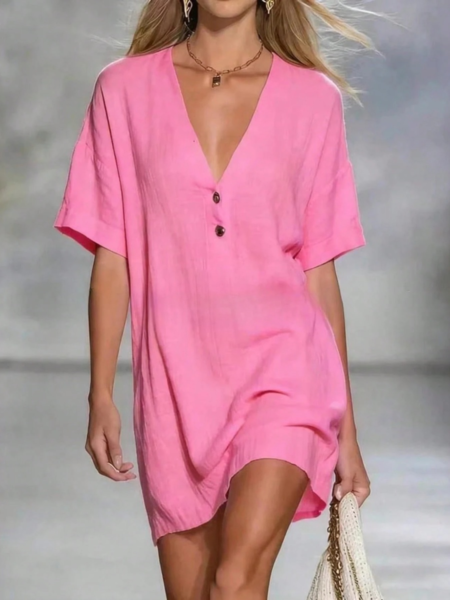 Women'S Dress Casual Loose Fit Short Sleeve Button Front Dress