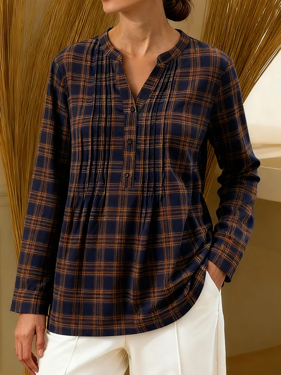 Women's Plaid Print V-neck Long-sleeved Casual Loose Cotton Linen Top