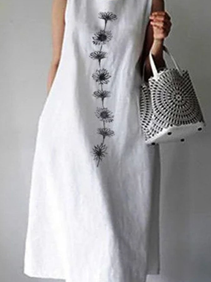 Ladies Cotton Linen Print Dress