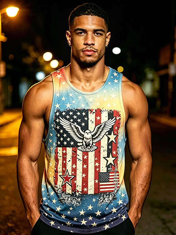 Men's Independence Day Tie-Dye American Flag Print Tank Top