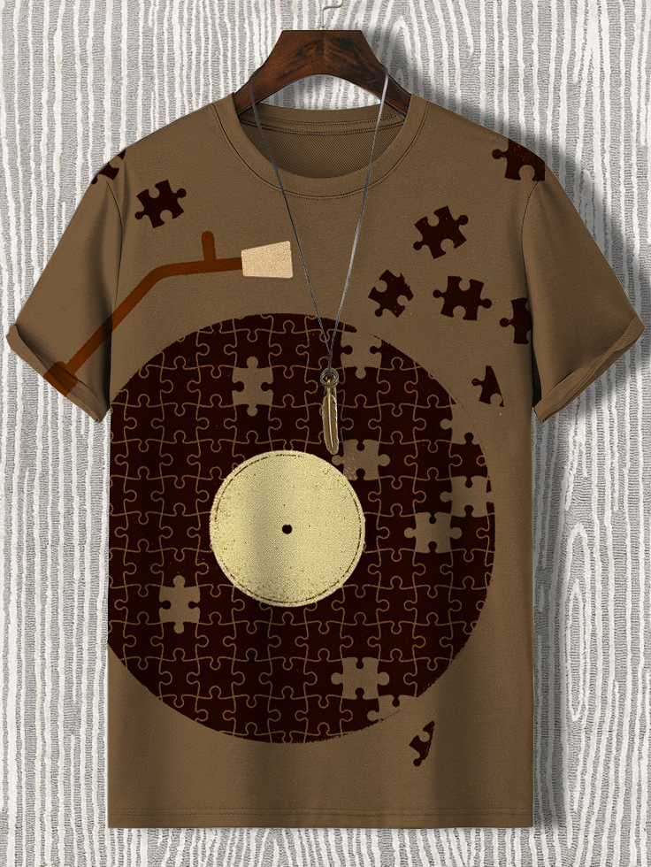 Men's Vinyl Record Music Jigsaw Art Print Casual T-Shirt