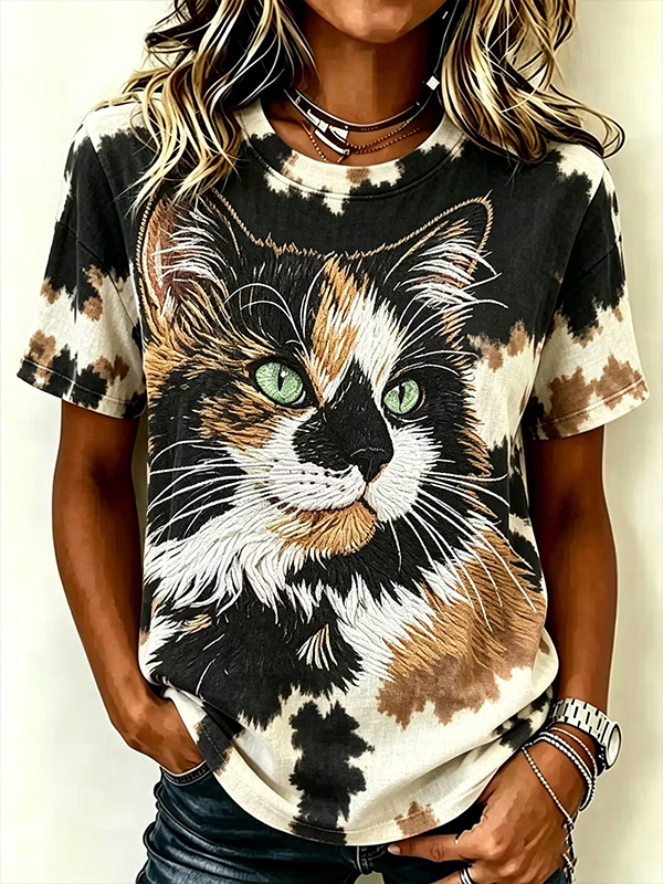 Women's Cat Graphic Tie-Dye Print Casual T-Shirt