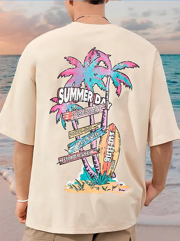 Men's Retro Colorful Palm Tree Surfboard Summer Art Print T-Shirt