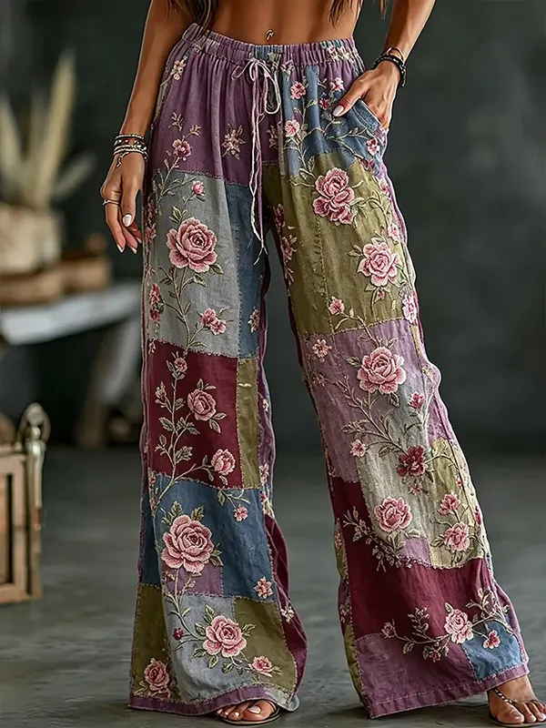 Women's Boho Floral Patchwork Print Casual Wide Leg Pants