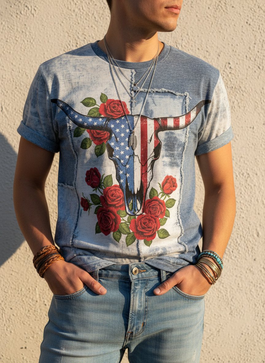 Men's American Flag Bull Skull And Roses Print T-Shirt