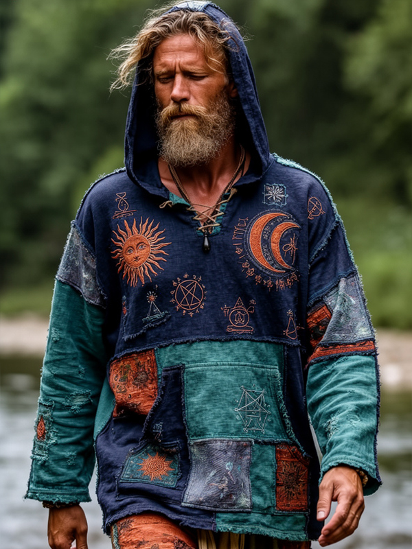 Men's Mysterious Hippie Sun And Moon Color Block Art Print Pocket Hoodie