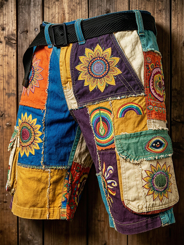 Men's Mysterious Hippie Flowers Art Print Denim-Like Casual Shorts