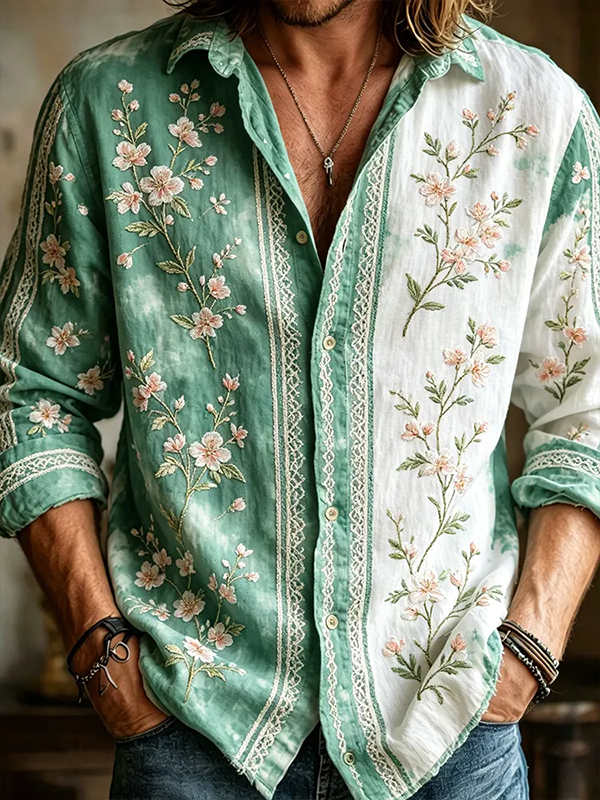 Men's Contrast Color Boho Ditsy Floral Print Long Sleeve Shirt