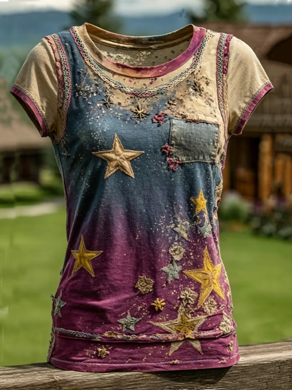 Women's Vintage Star Floral Patchwork Art Print Casual T-Shirt